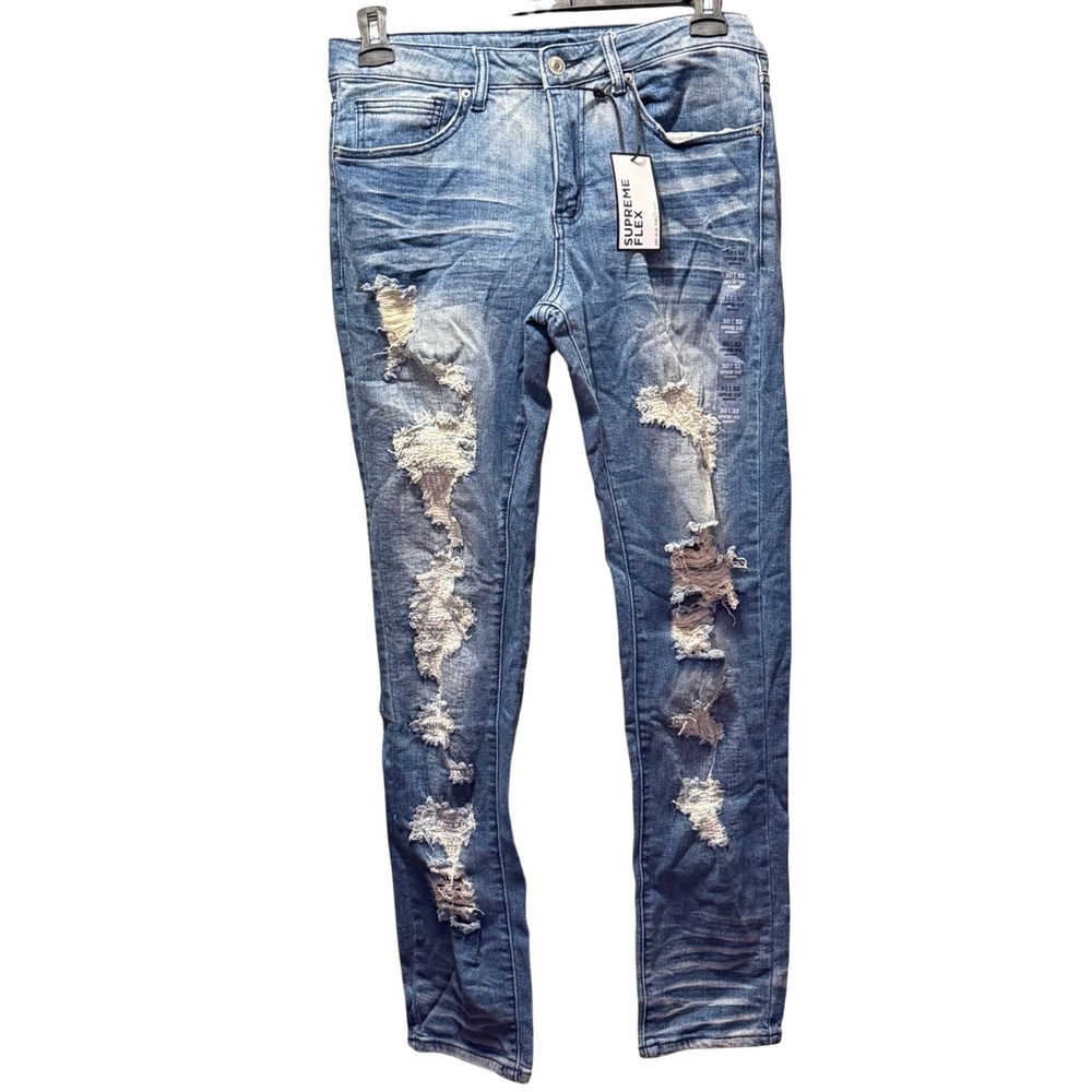 Rue21 Supreme Flex‎ Skinny Jeans Mens 30x32 Medium Wash Distressed Ripped Denim